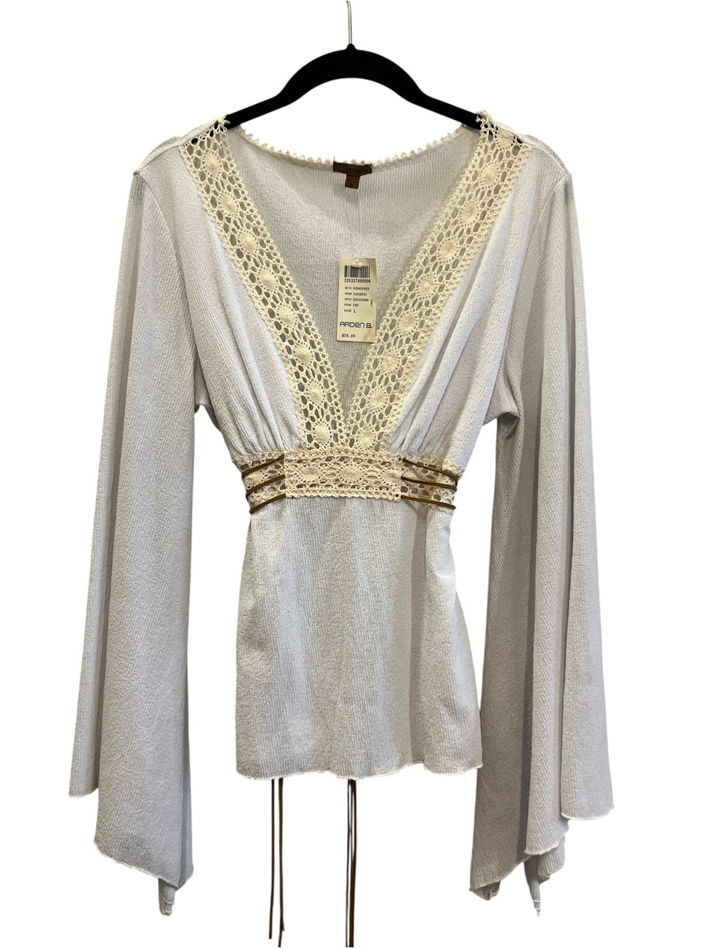 Arden B White with Cream Crochet Trim V-Neck Blouse
